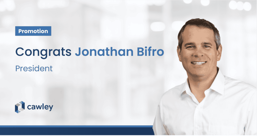 Jonathan Bifro named President at Cawley CRE in a promotional image.