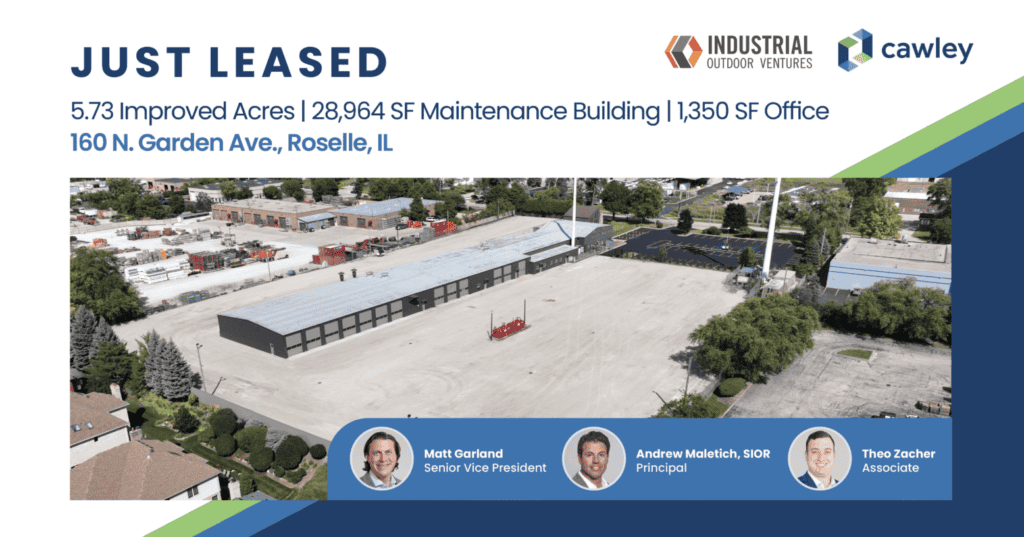 Industrial warehouse for lease in Roselle, IL with outdoor parking area.