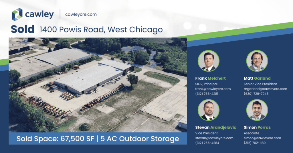 Aerial view of industrial property with outdoor storage and parking area in West Chicago.