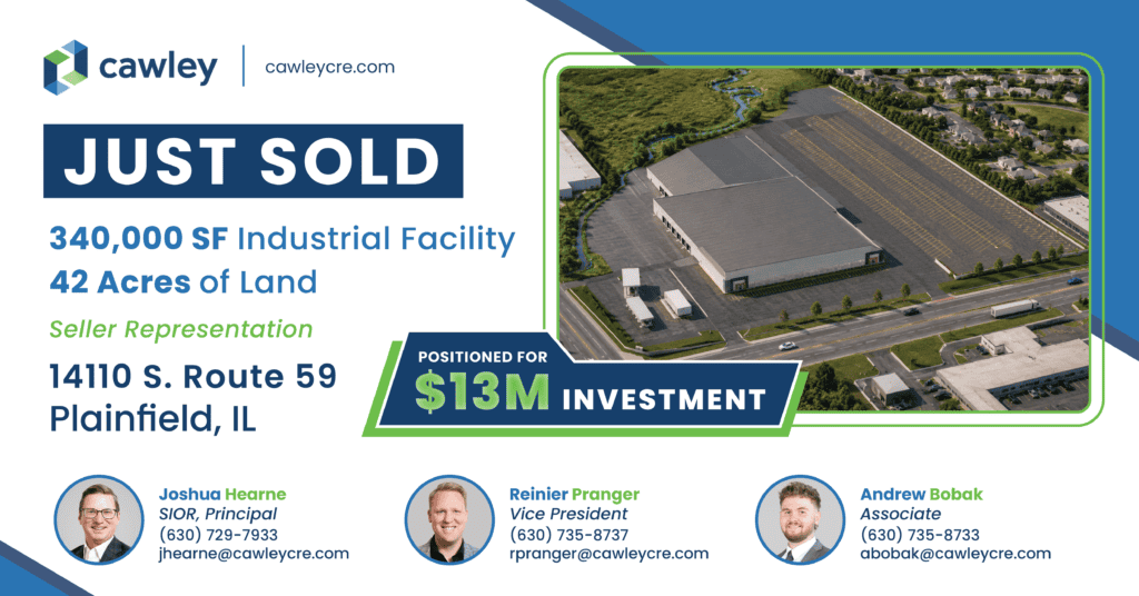 Aerial view of a large industrial facility on 42 acres in Plainfield, IL.