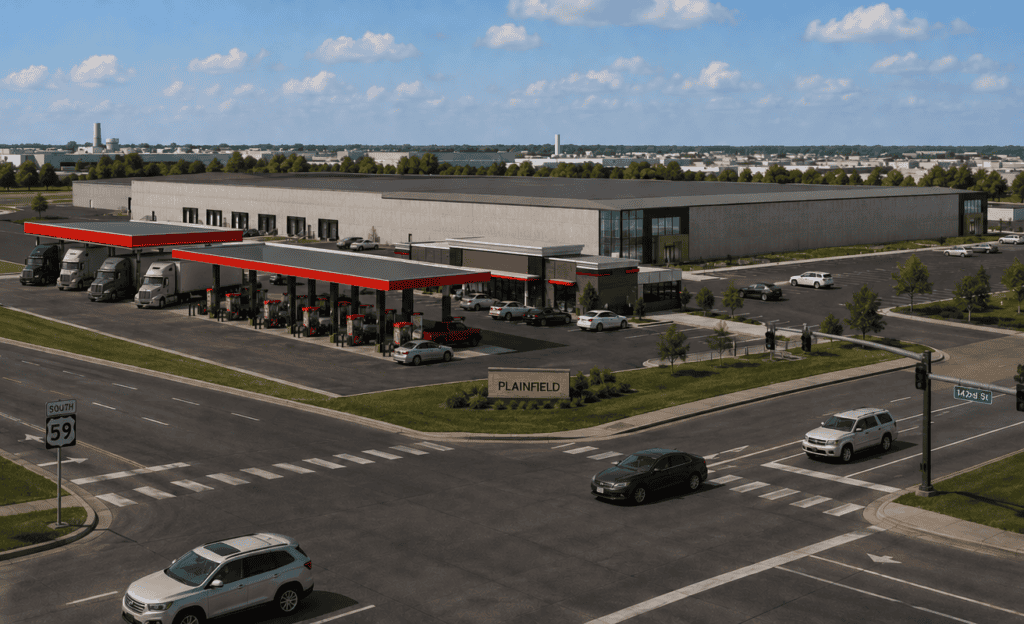 Cawley CRE industrial warehouse with gas station and parking lot.