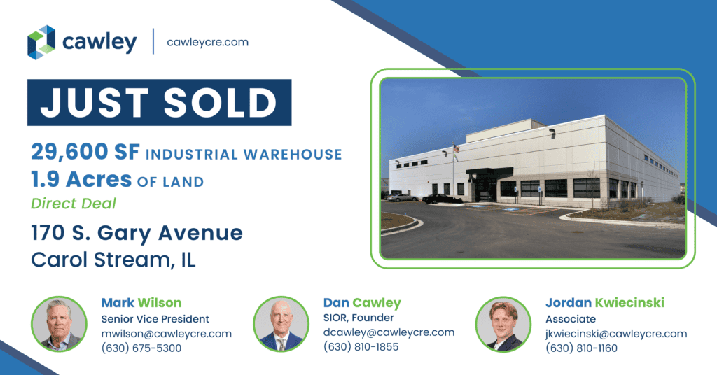 Industrial warehouse for sale in Carol Stream with modern exterior.