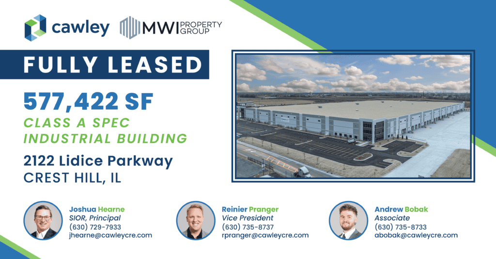 Industrial building leased by Cawley CRE for MWI Property Group in Crest Hill, IL.
